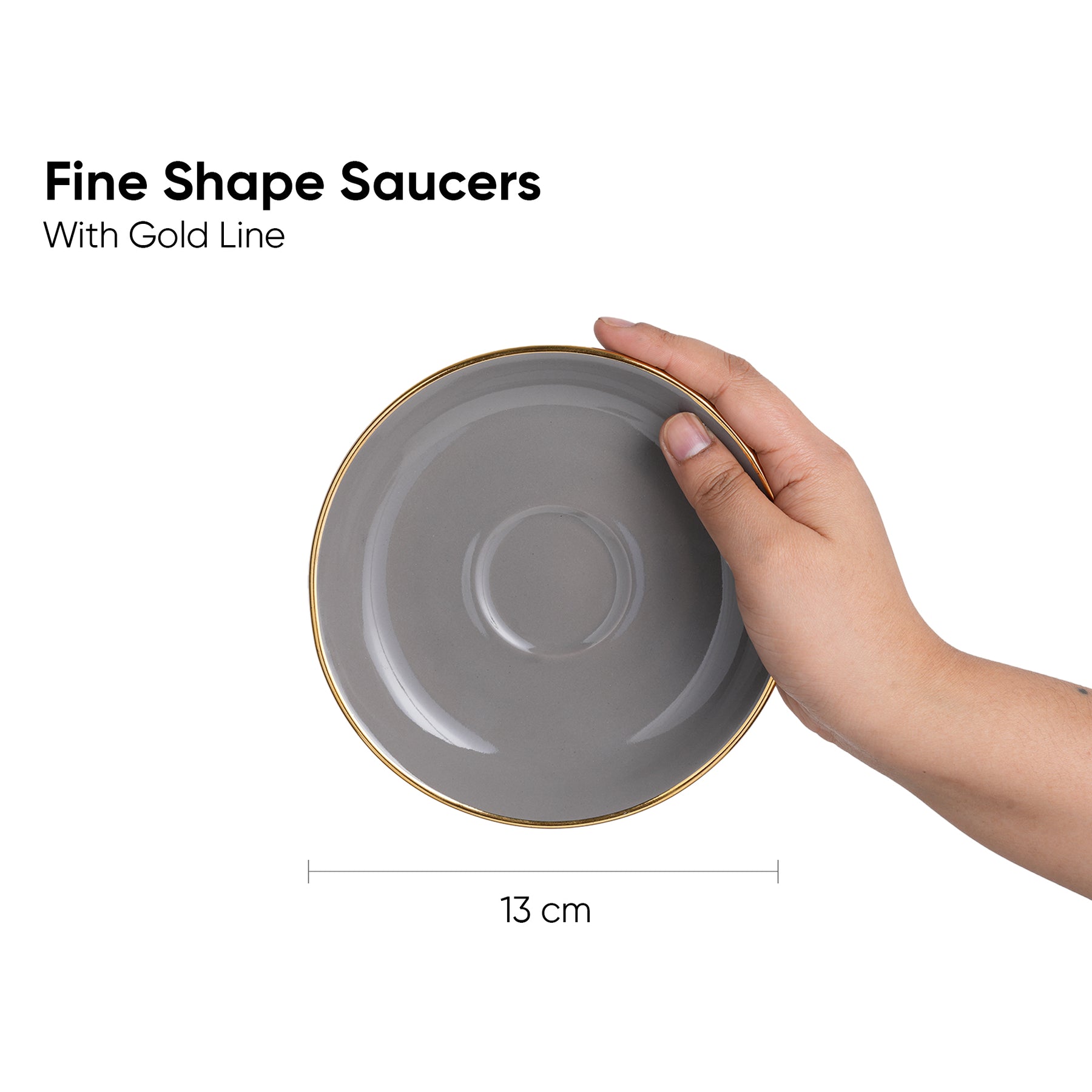 Shay Ceramic Tea Cup & Saucer Set – Set of 6 | Grey with Real Gold Line | 180ml
