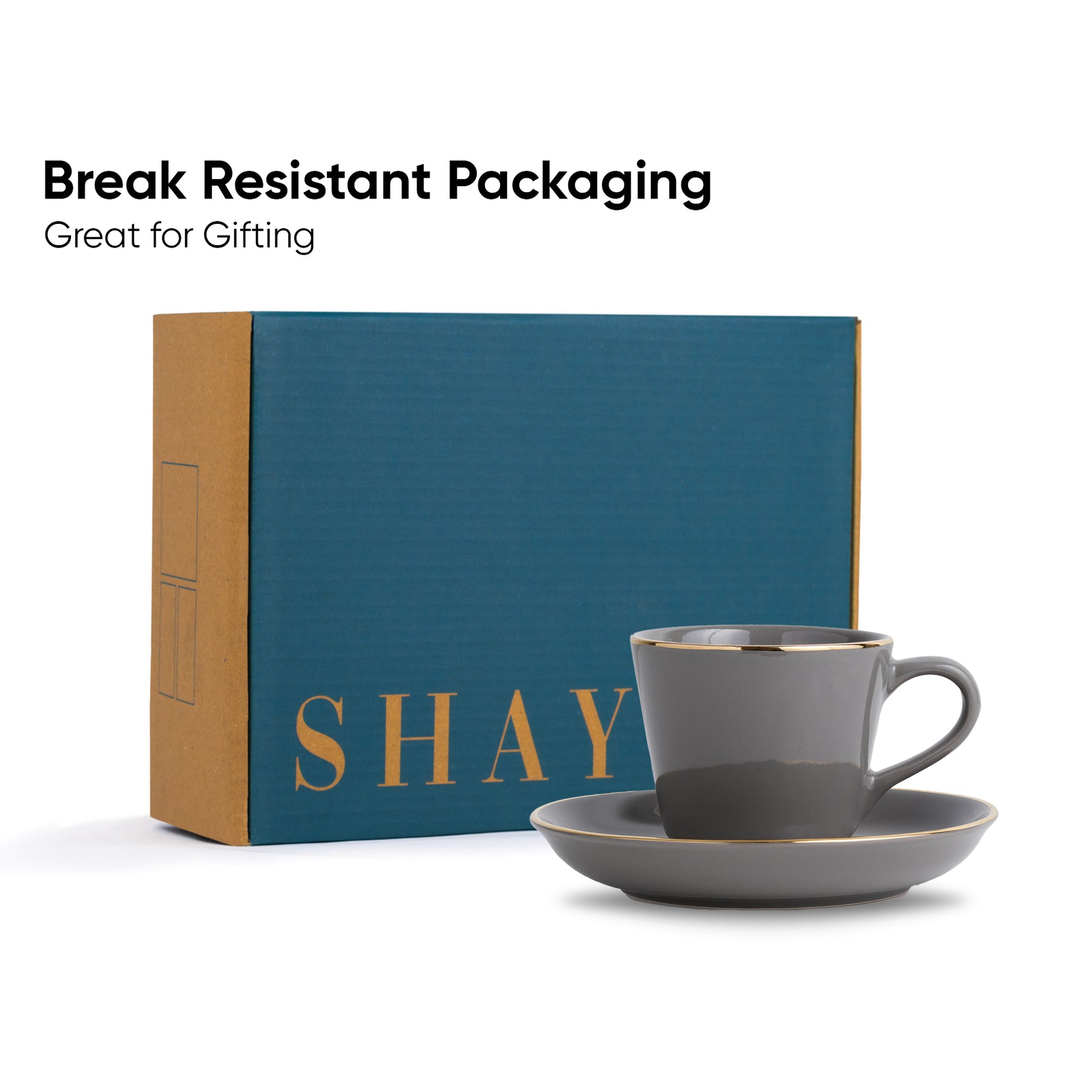 Shay Ceramic Tea Cup & Saucer Set – Set of 6 | Grey with Real Gold Line | 180ml