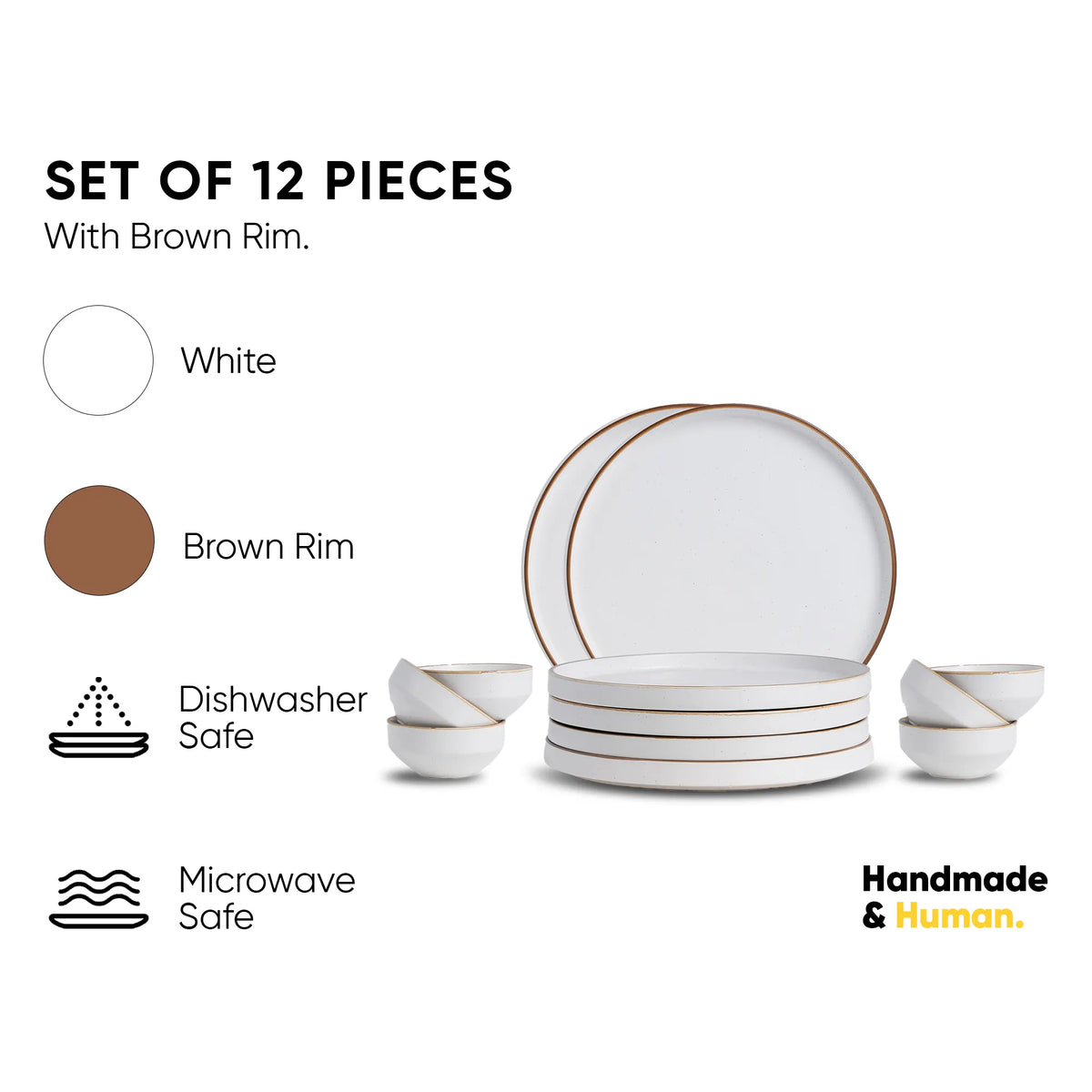 Set of 12 ceramic pieces with brown rim on a white background, featuring icons for dishwasher and microwave safety.
