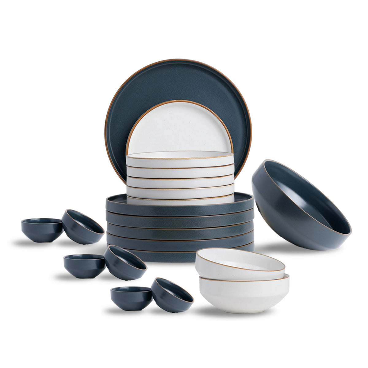 Ceramic dinnerware set with blue and white bowls and plates on a white background