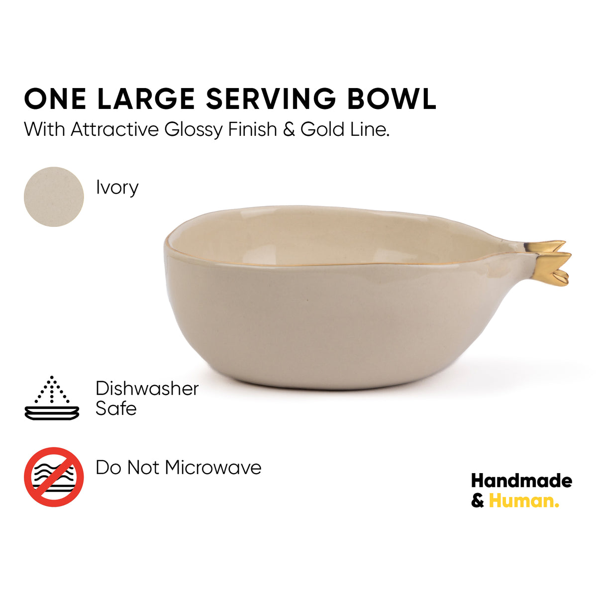 Ceramic Large Decor Bowls, 1500ml, 1 Pc, Off-White with Gold Line | Glossy Finish | Anar Decor Collection