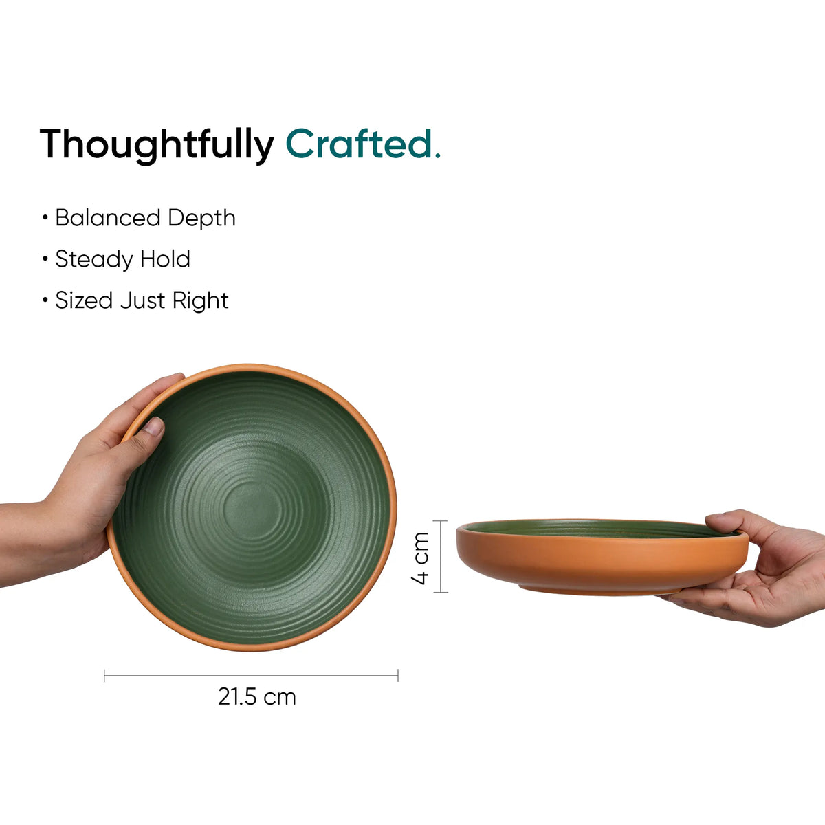 Two hands holding green ceramic bowls with dimensions and text about craftsmanship.