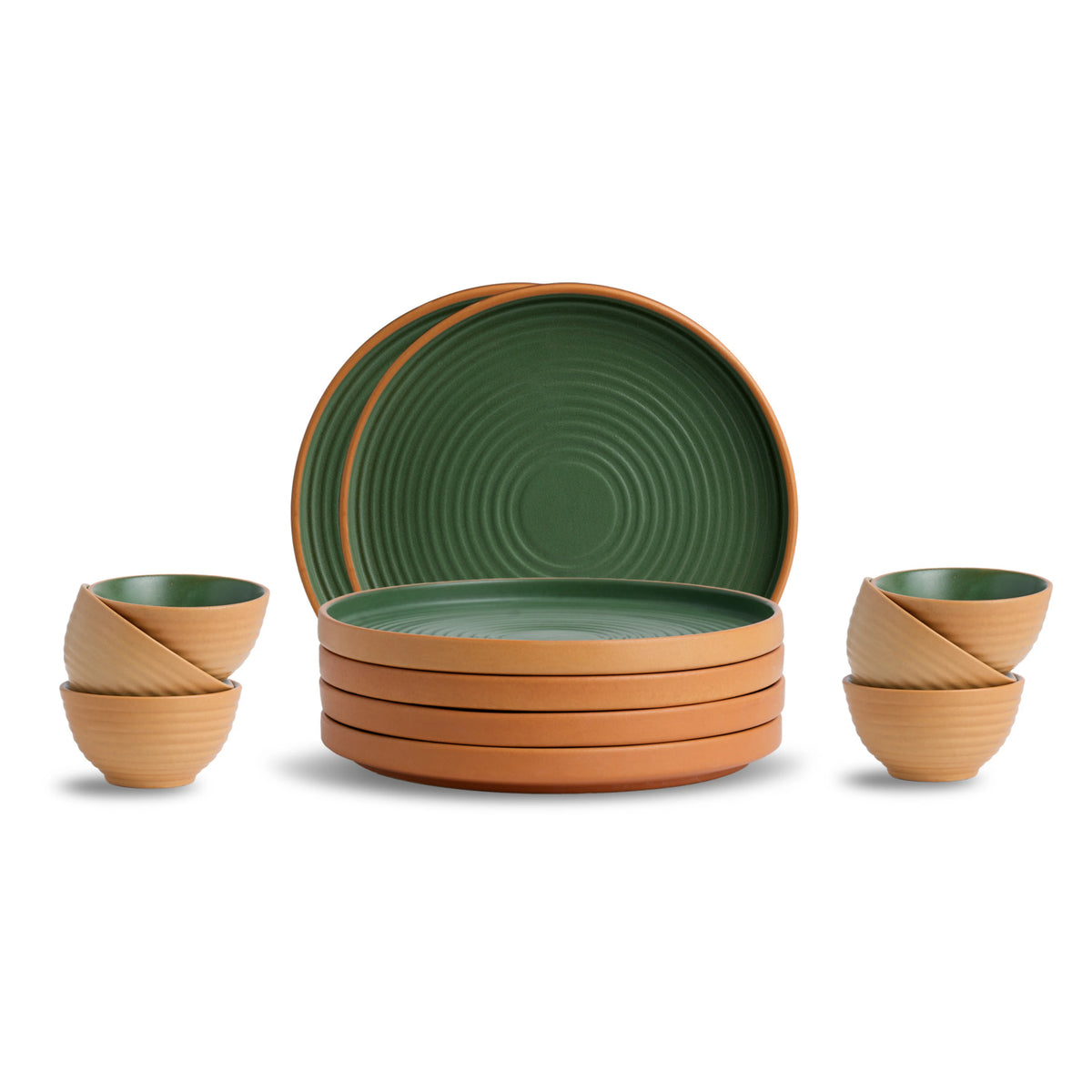 Set of green and brown ceramic dishes on a white background