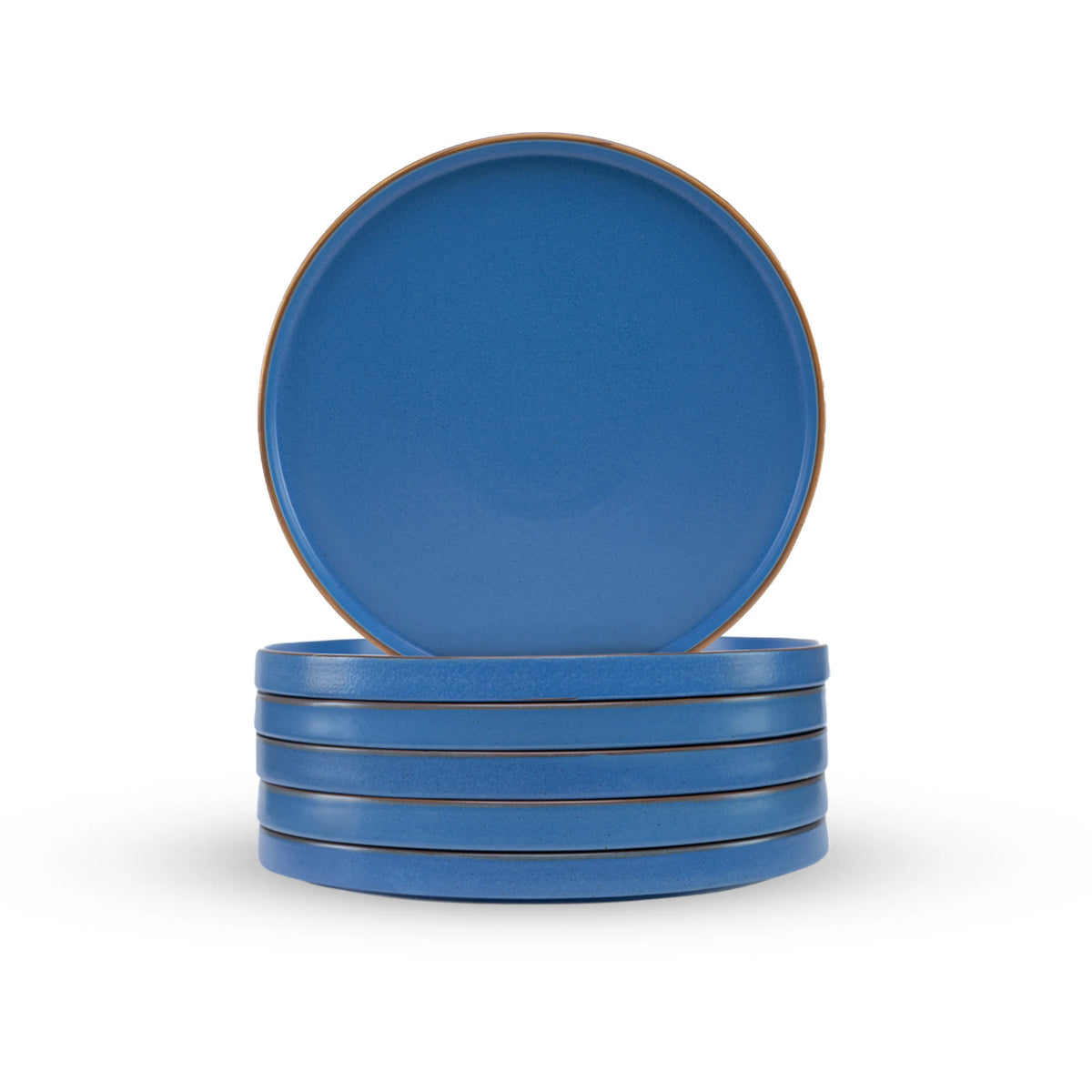 Set of blue plates with brown rim on a white background