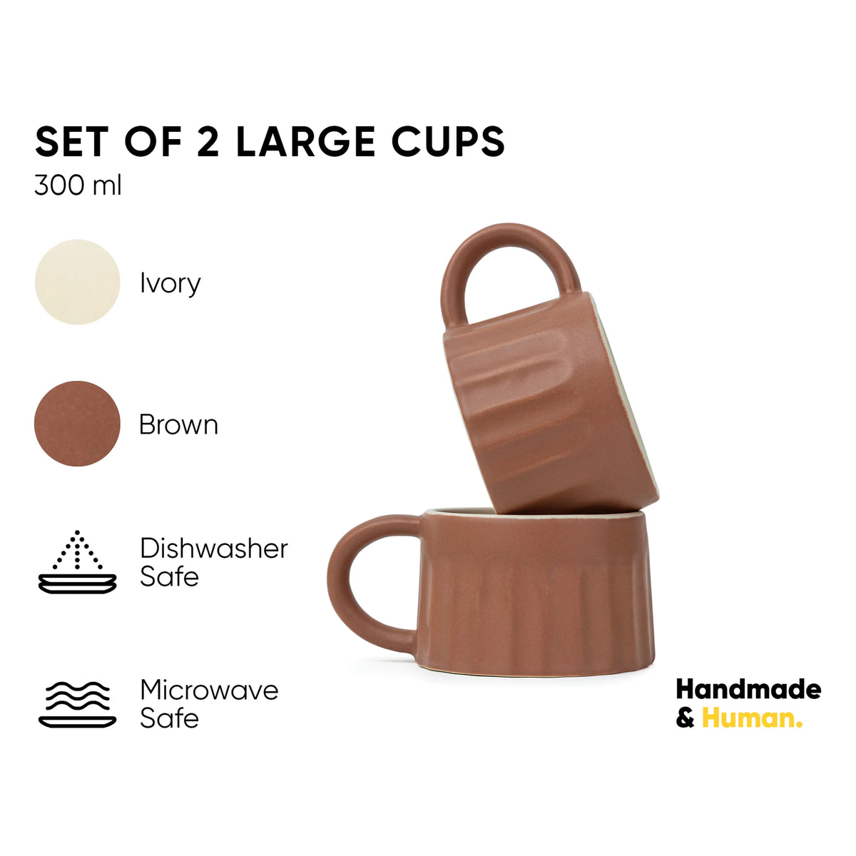Set of 2 large brown cups with color options and safety features on a white background