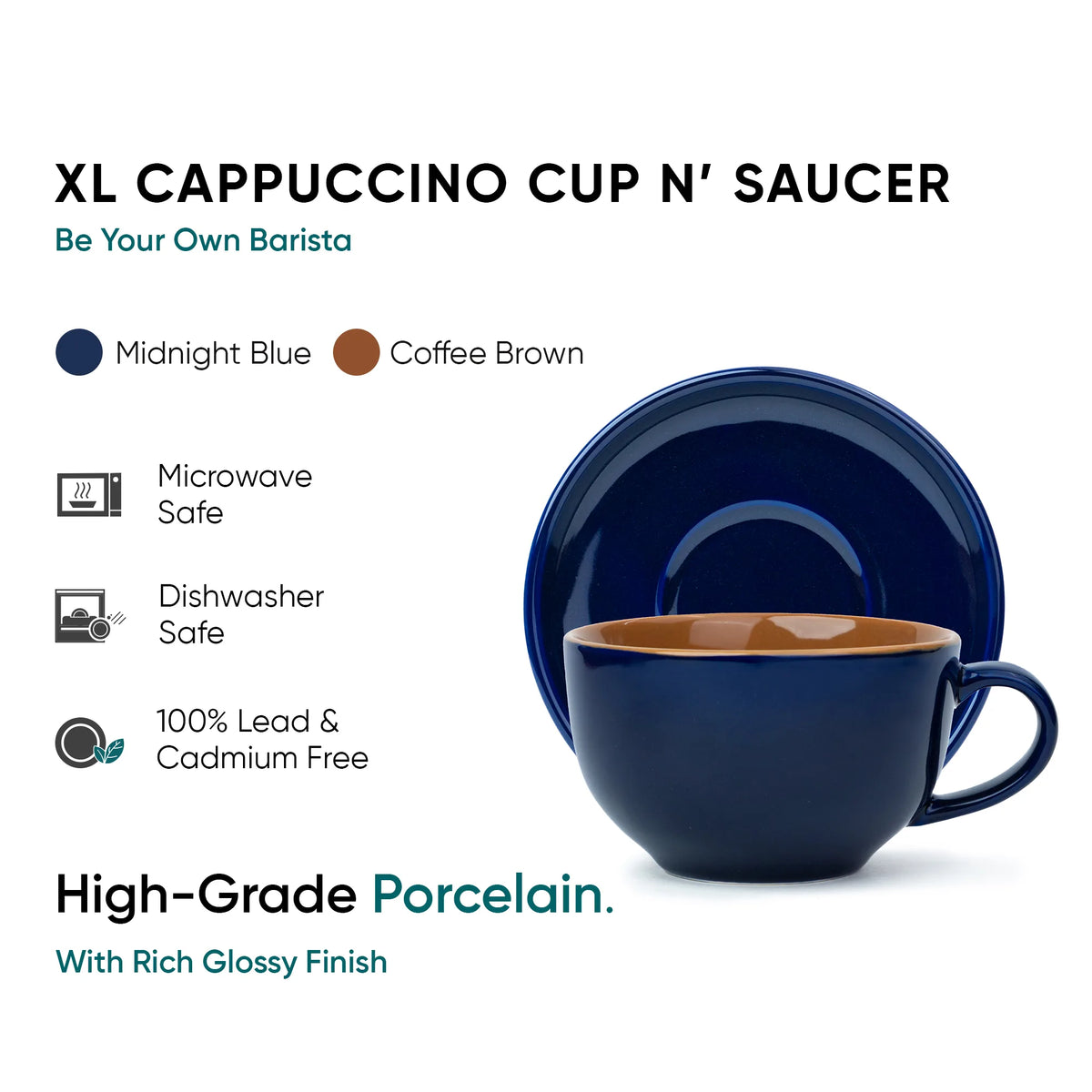 Large Ceramic Midnight Blue Coffee Cup Saucer Set | 320ml | XL Cuppa Collection Blue
