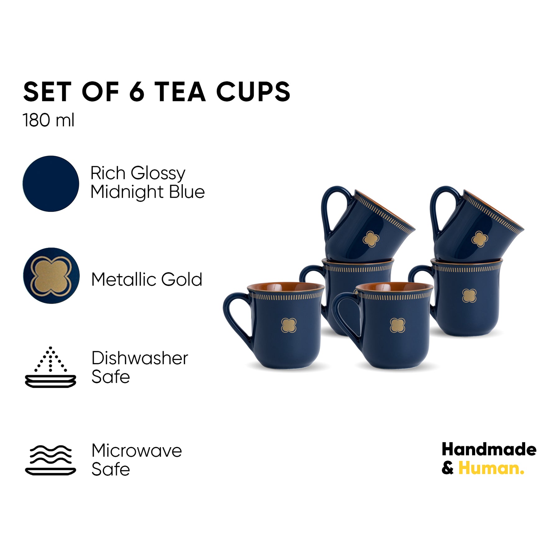 Royal Tea Cup Set, Set of 6, Blue, 180ml | Floral Print
