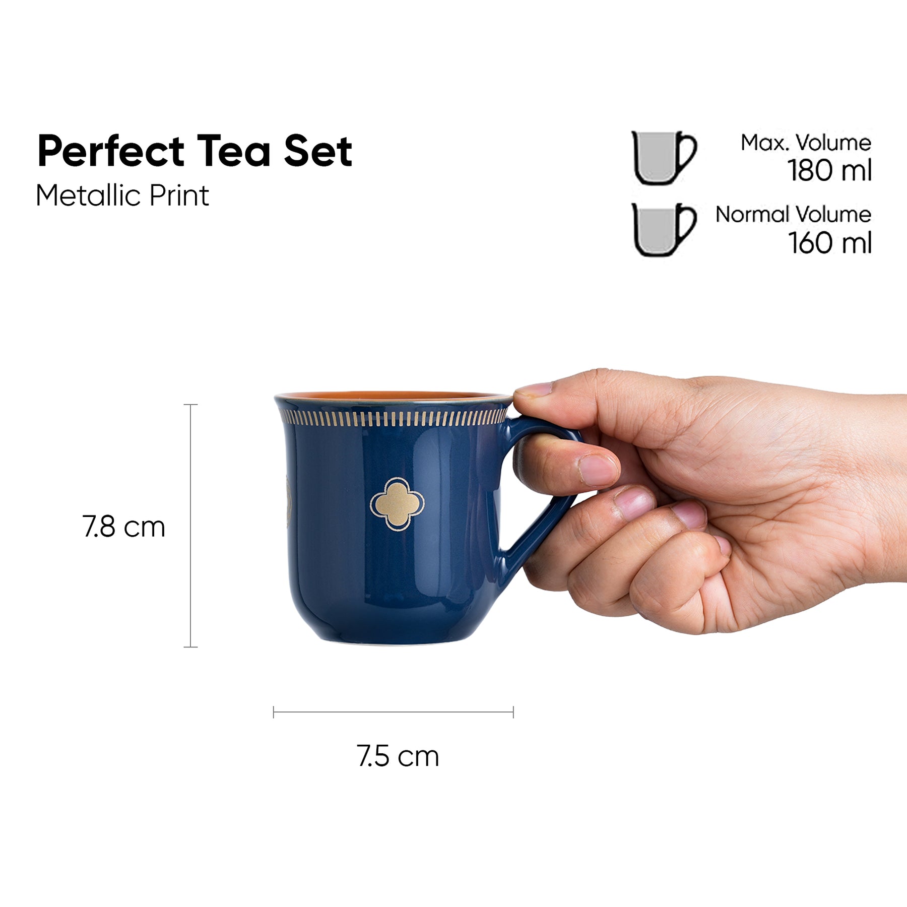 Royal Tea Cup Set, Set of 6, Blue, 180ml | Floral Print
