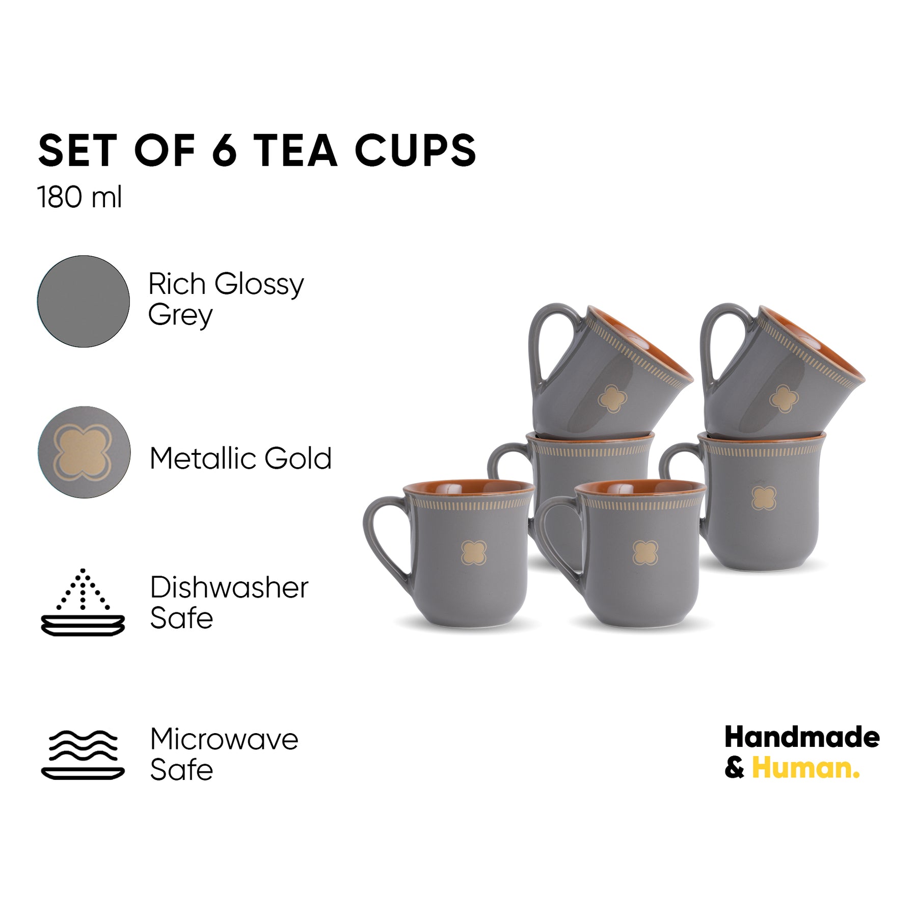 Royal Tea Cup Set, Set of 6, Grey, 180ml | Floral Print
