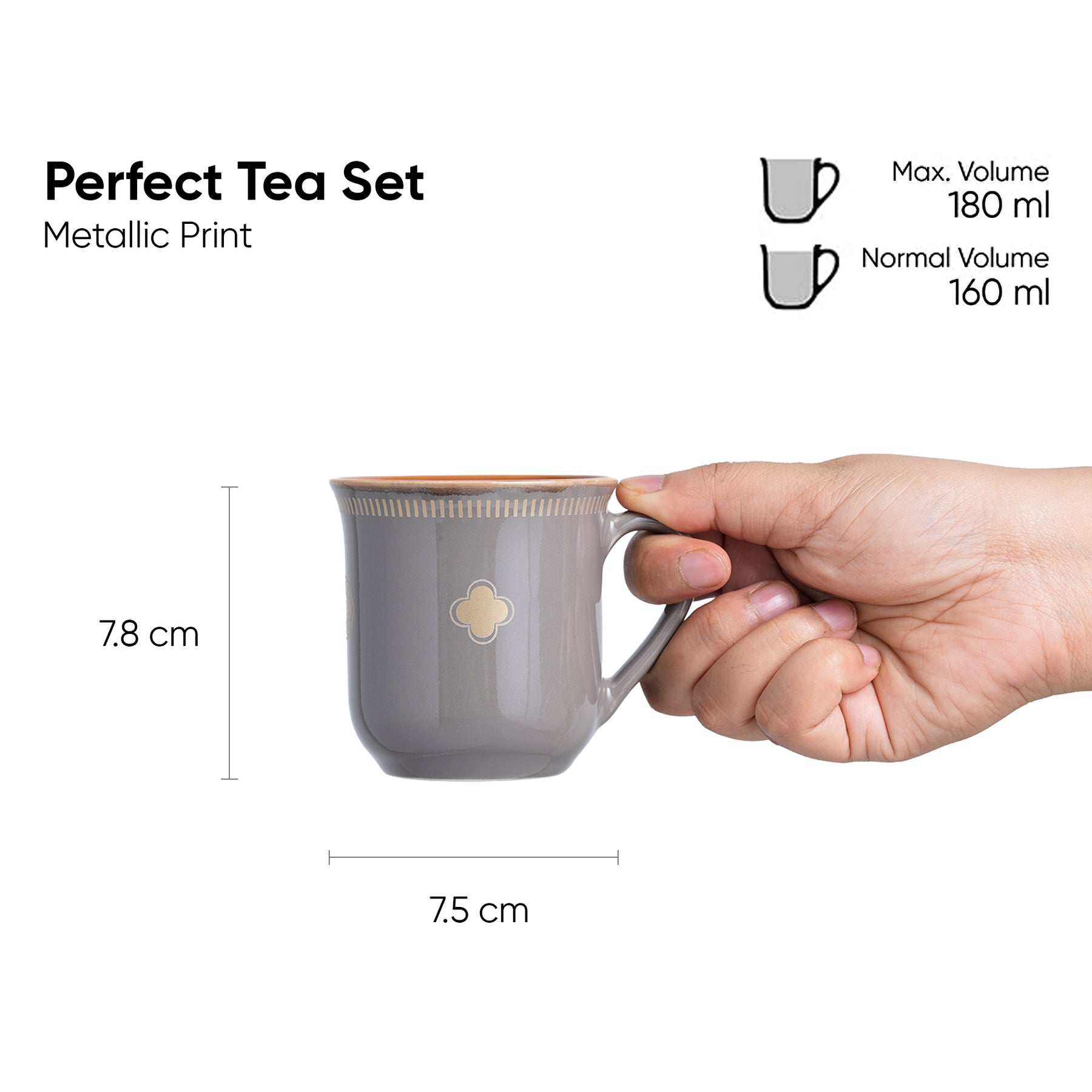 Royal Tea Cup Set, Set of 6, Grey, 180ml | Floral Print