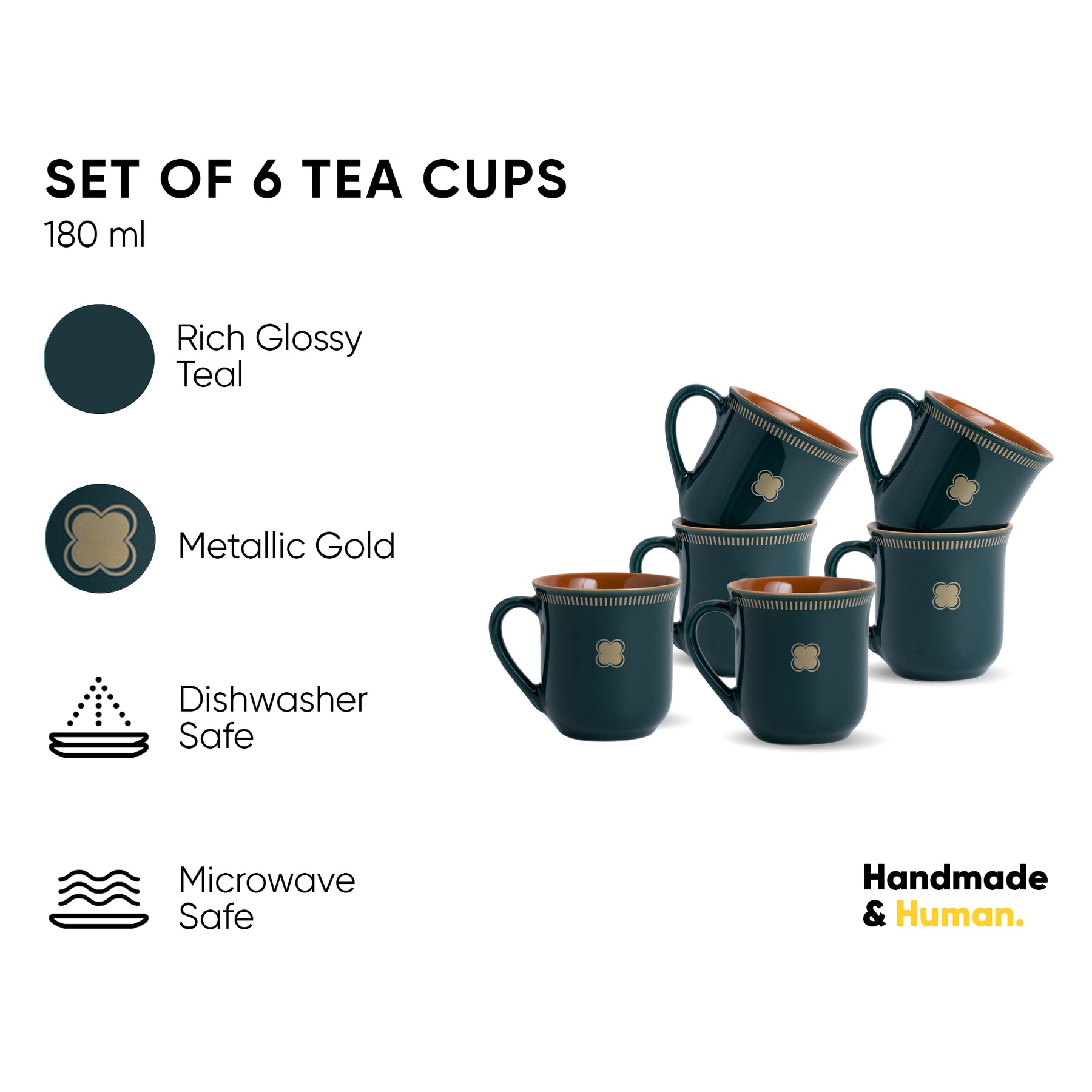 Royal Tea Cup Set, Set of 6, Teal Green, 180ml | Floral Print