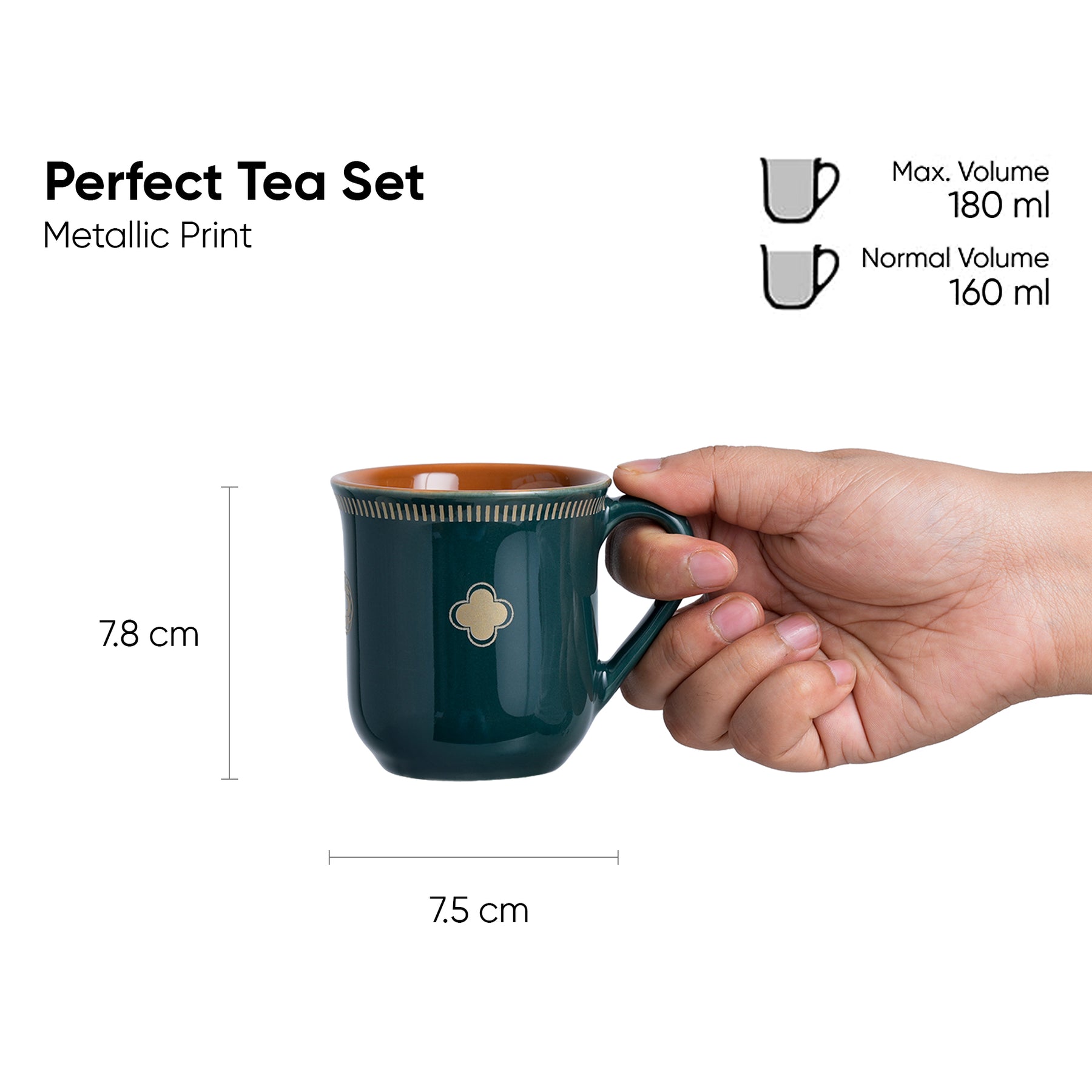 Royal Tea Cup Set, Set of 6, Teal Green, 180ml | Floral Print