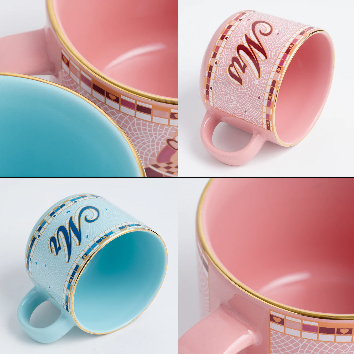 Collage of pink, blue, and multicolored mugs with decorative patterns and 'W' logo.