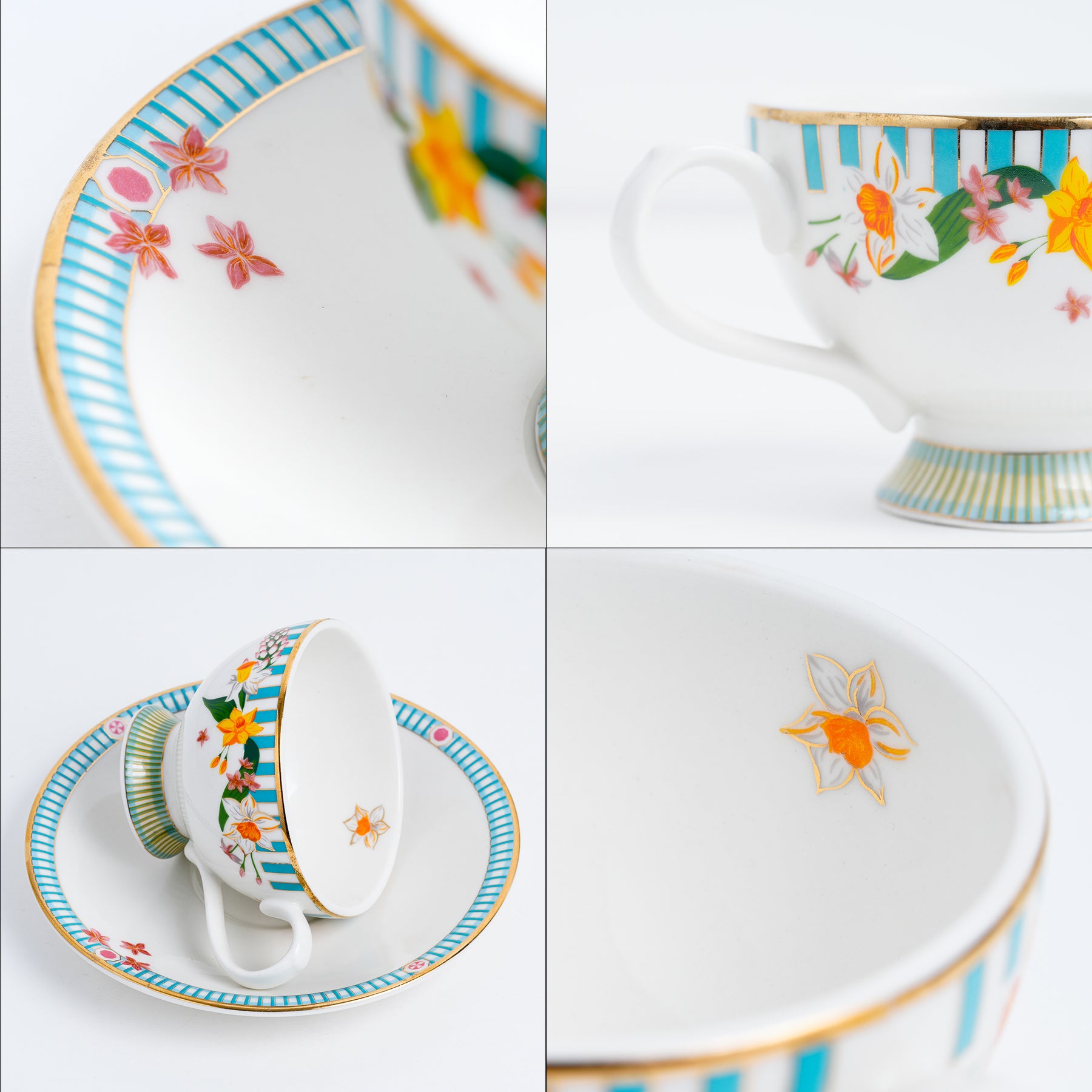 Nargis Tea Cup & Saucer Set, Set of 2, 180ml | Floral Ceramic Tea Cups with Plates