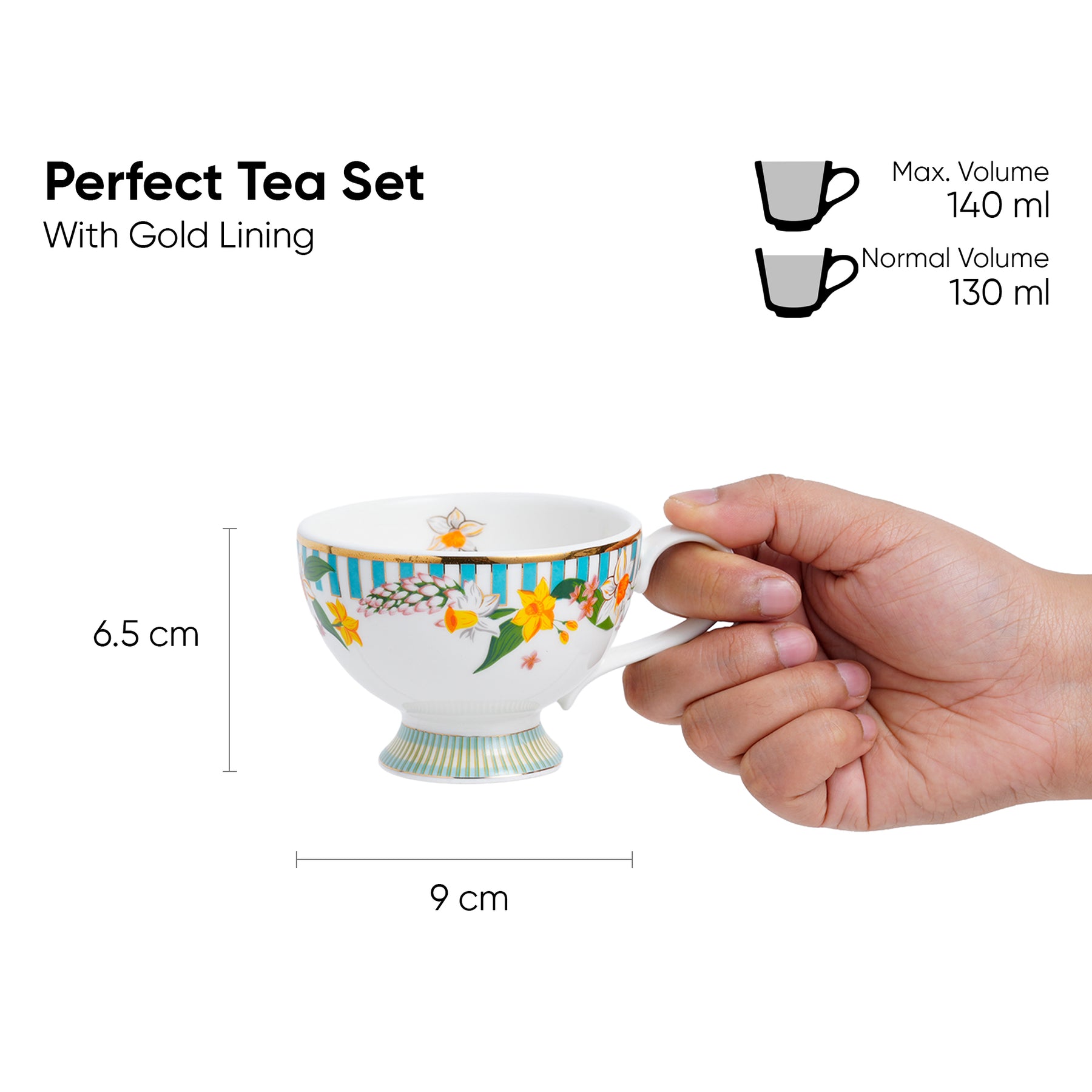 Nargis Tea Cup & Saucer Set, Set of 2, 180ml | Floral Ceramic Tea Cups with Plates