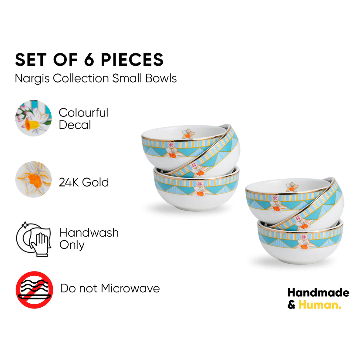 Set of 6 Nargis Collection small bowls with colorful decal and 24K gold on a white background.