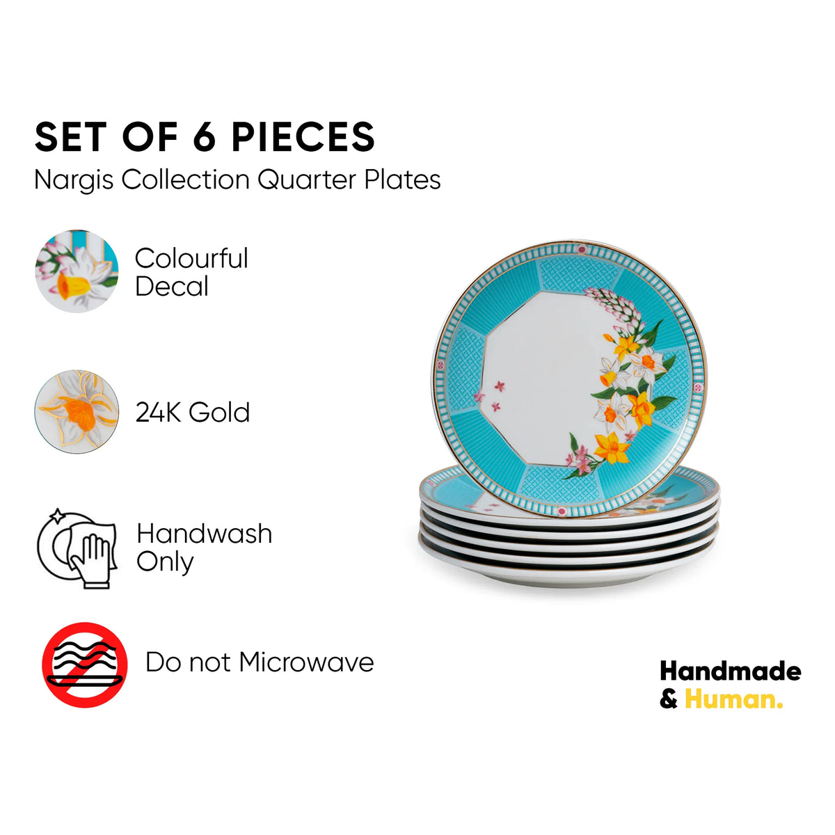 Set of 6 Nargis Collection Quarter Plates with colorful decal and 24K gold on a white background.