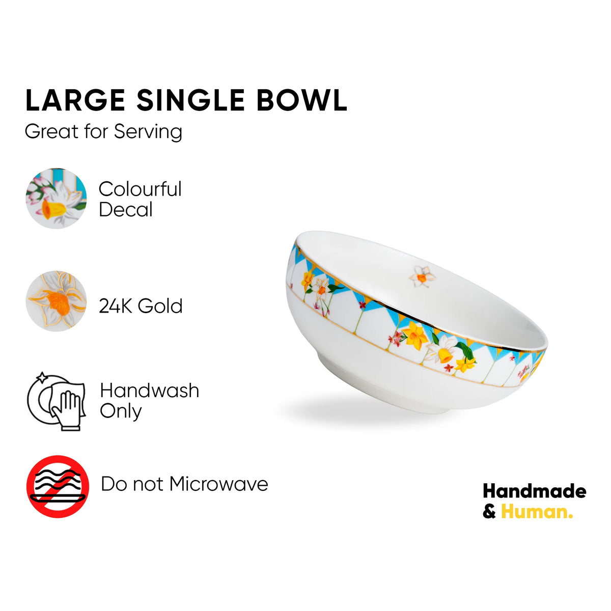 Large single bowl with colorful decal and 24K gold trim on a white background, featuring text about use and care.
