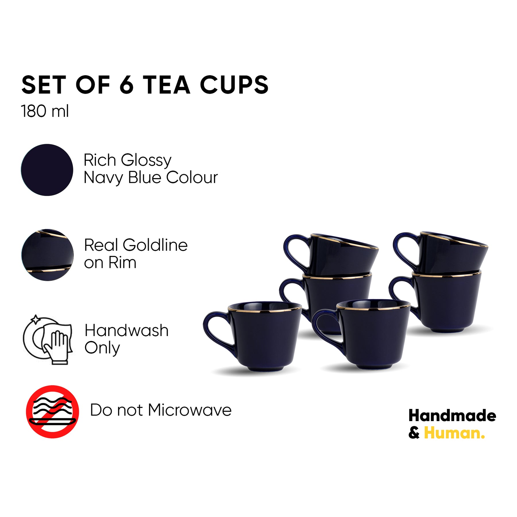 Ceramic Tea Cup Set of 6, 180 ml, Real Gold Line
