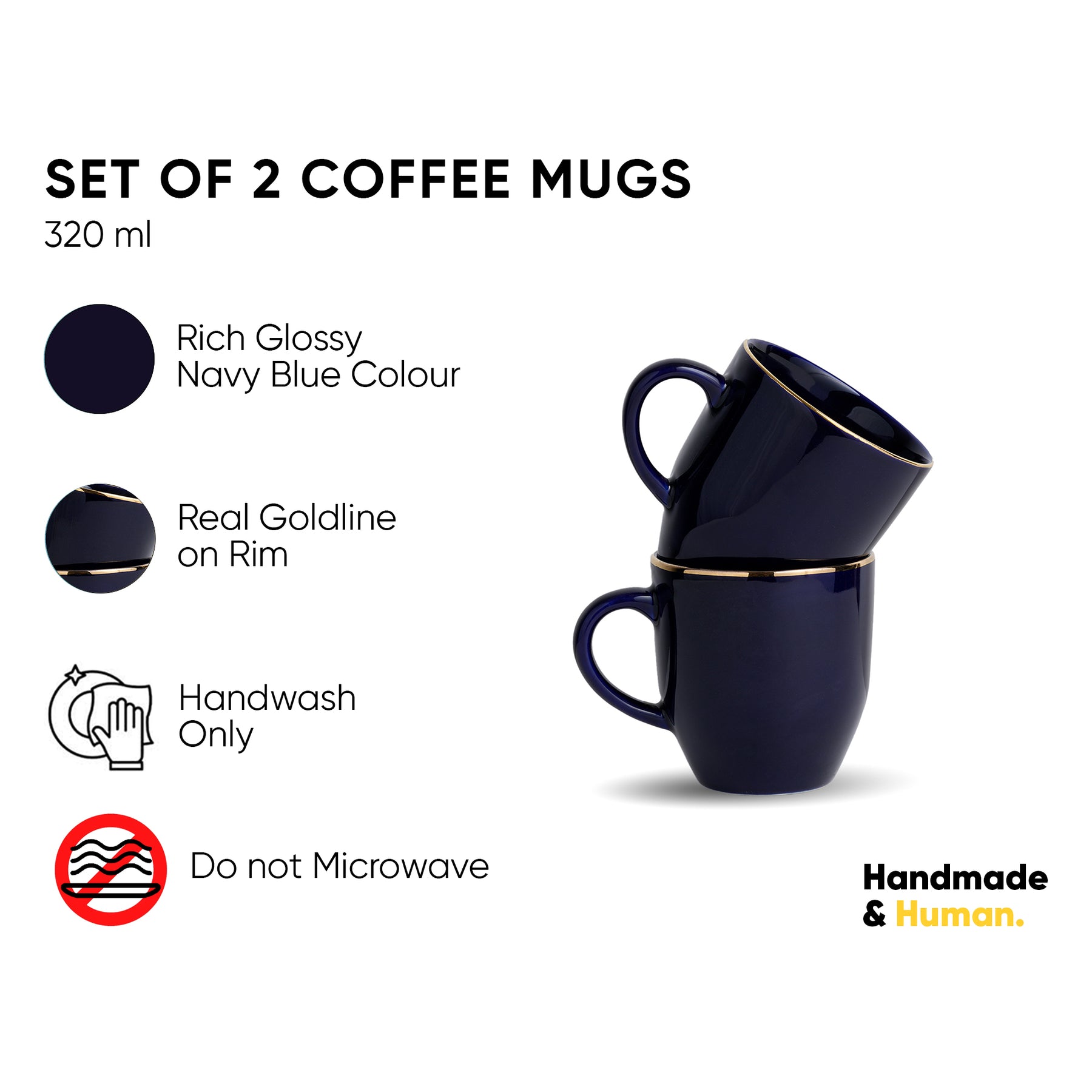 Ceramic Coffee Mug Set | Blue with Real Gold Line | 300ml | Gold Line Collection