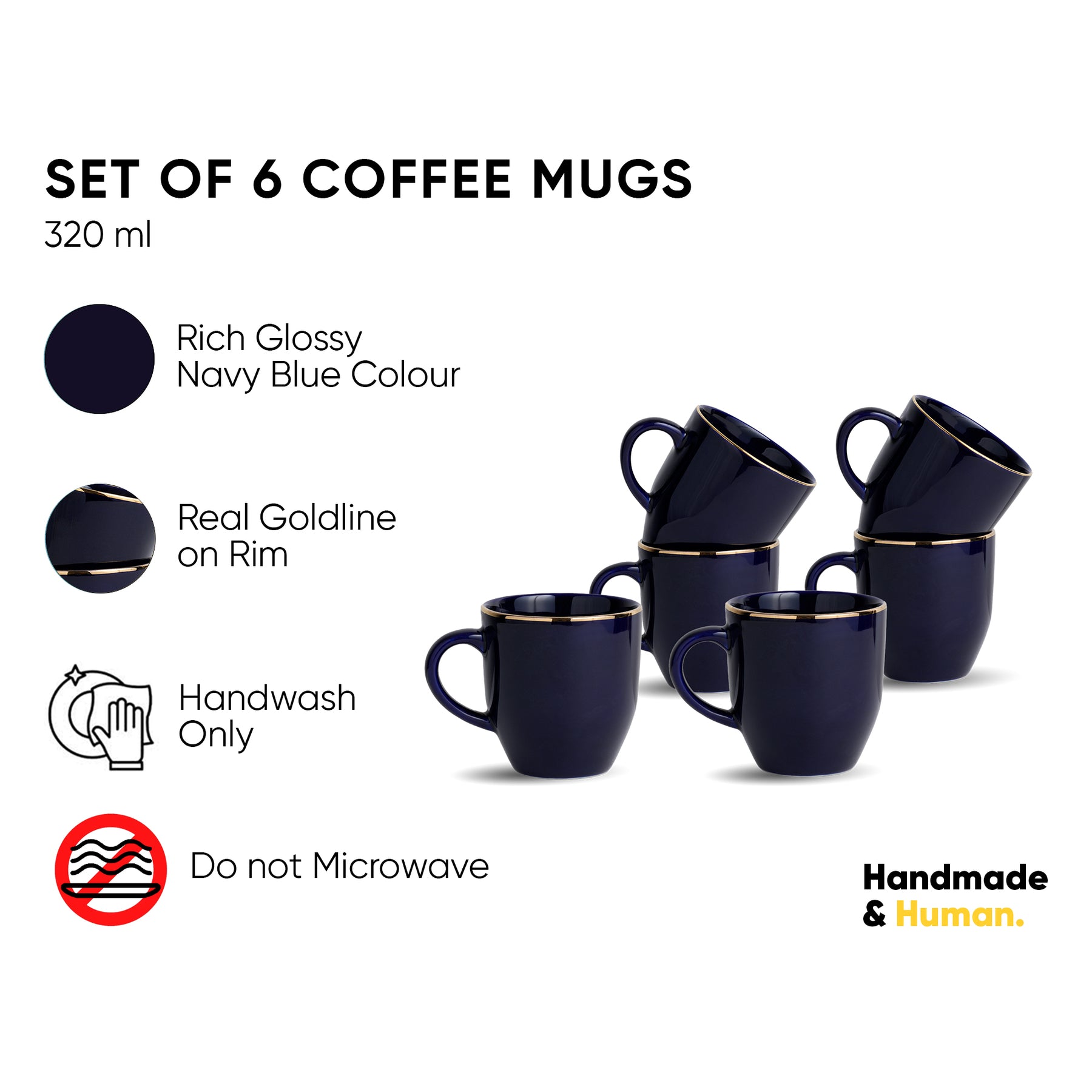 Ceramic Coffee Mug Set | Blue with Real Gold Line | 300ml | Gold Line Collection