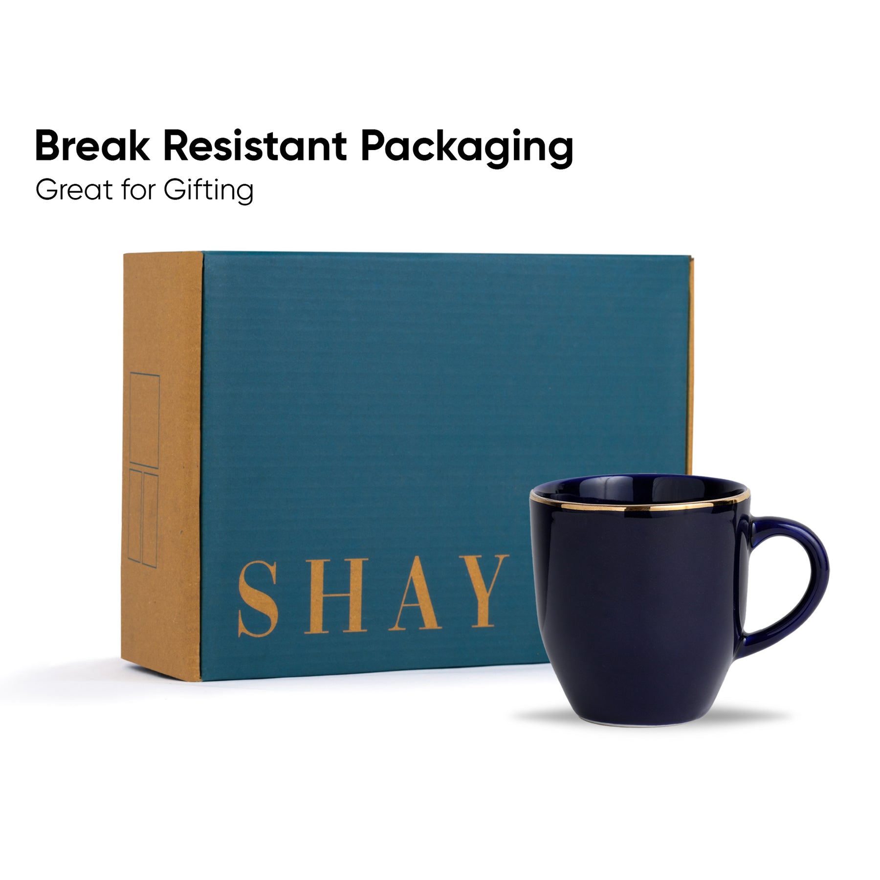 Ceramic Coffee Mug Set | Blue with Real Gold Line | 300ml | Gold Line Collection