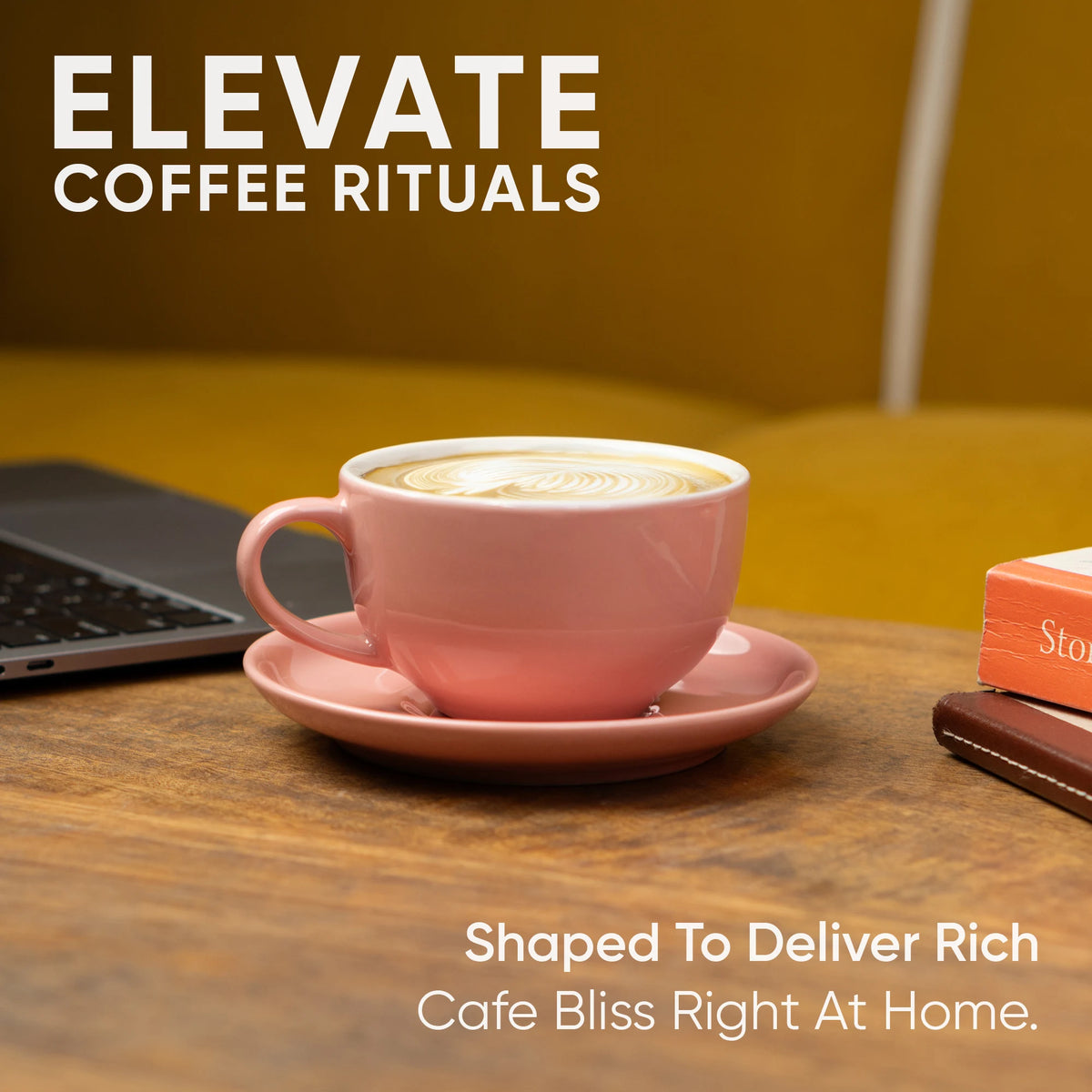 Pink coffee cup on a saucer with a blurred background and text about coffee rituals.