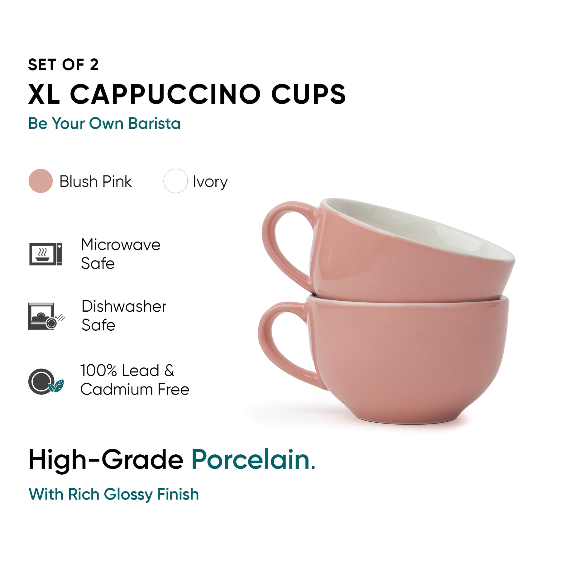 Large Pink Ceramic Coffee Cup Set of 2, Light Pink, 320ml | XL Cuppa Collection
