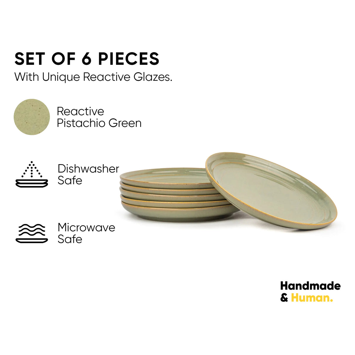 Set of 6 pistachio green ceramic plates with text about reactive glazes, dishwasher safety, and microwave safety on a white background.