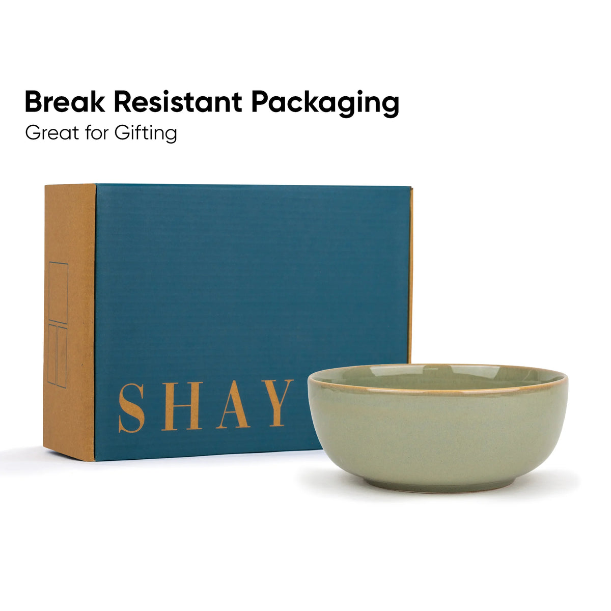 Ceramic bowl with 'SHAY' branded packaging on a white background
