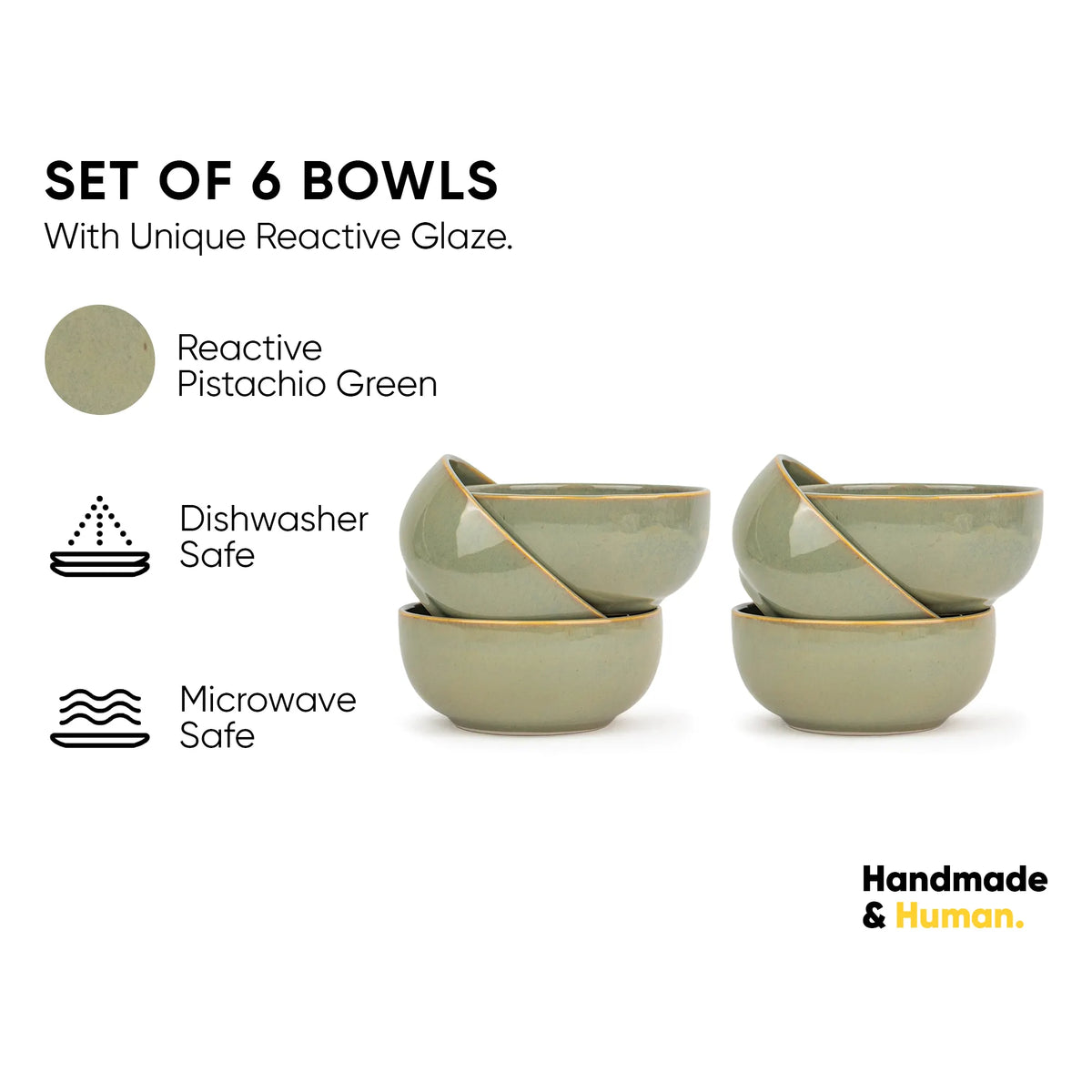 Set of 6 green bowls with reactive glaze, dishwasher and microwave safe, on a white background.