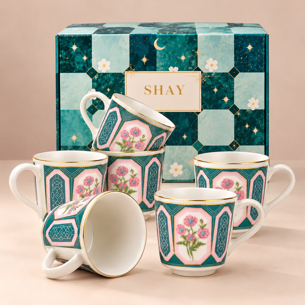 Parterre Ceramic Tea Cups with Gold Rim – 180 ML | Set of 6