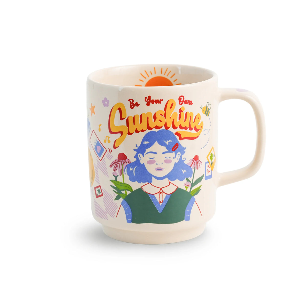 Mug with colorful design and text 'Be Your Own Sunshine' on a white background