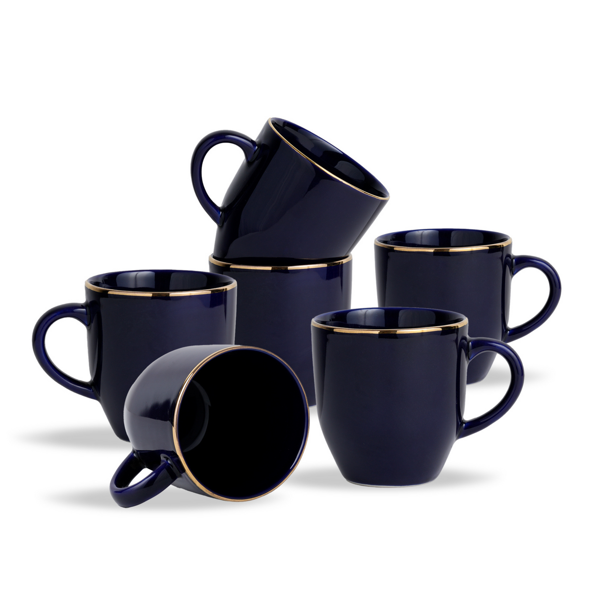 Shay Ceramic Coffee Mug Set of 6 Blue Gold, 300ml | Modern Tableware Online India