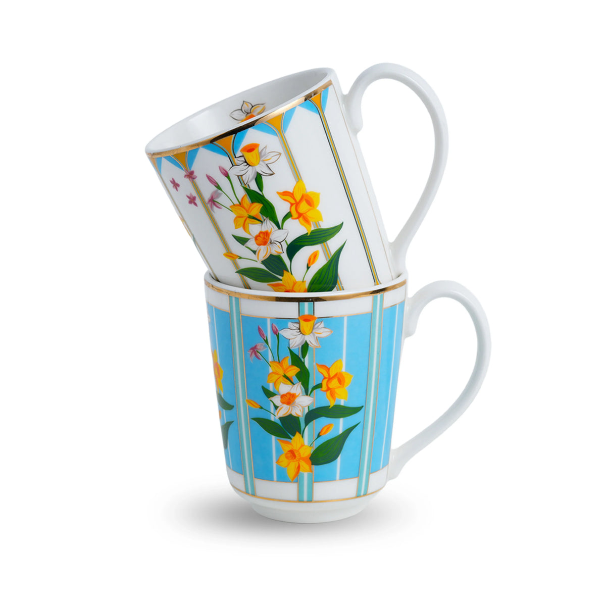 Two floral-patterned mugs stacked on a white background