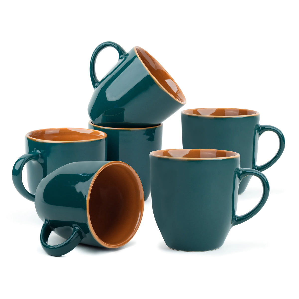 Set of teal mugs with brown interior on a white background
