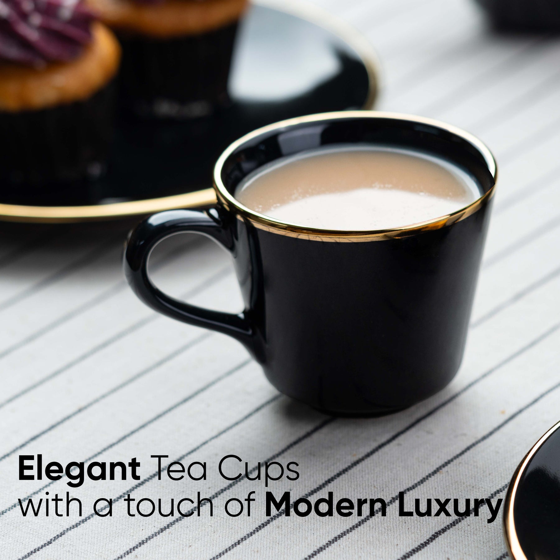 Ceramic Tea Cup Saucer Set | Gold Line Collection | 180ml | Set of 6