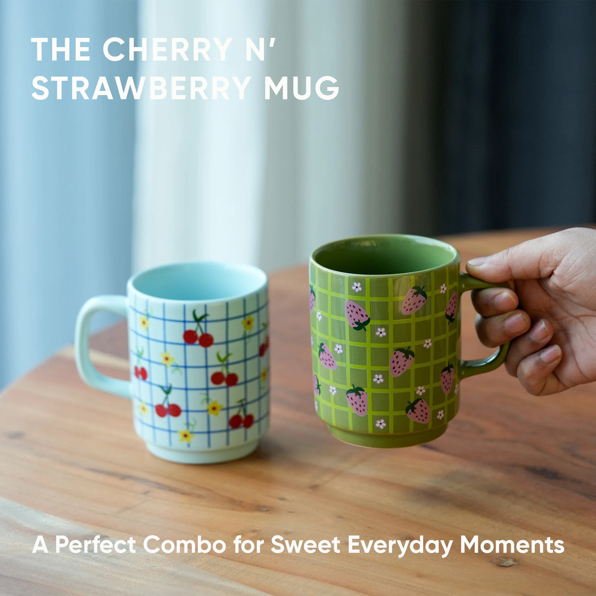 Ceramic Mug Set of 2 | Strawberry & Cherry Coffee Cups 300ml