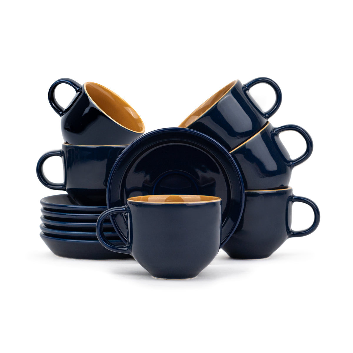 Midnight Blue Ceramic Tea Cup & Saucer Set – 180 ML | Set of 6