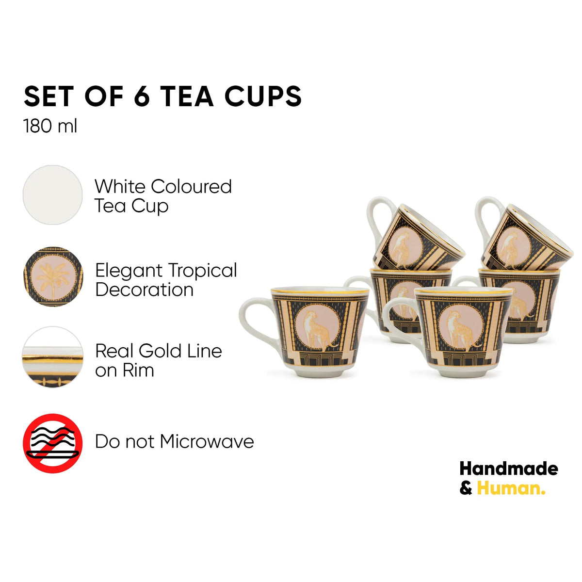 Ceramic Luxe Tea Cup Set of 6, 180ml