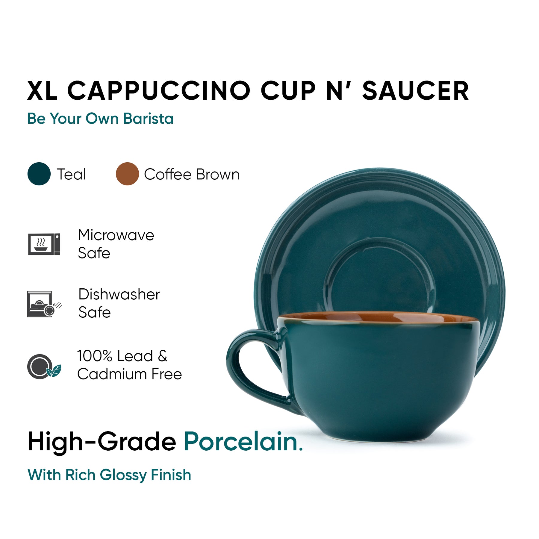 Large Ceramic Coffee Cup & Saucer Set 320ml | XL Cuppa Collection | Glossy Finish