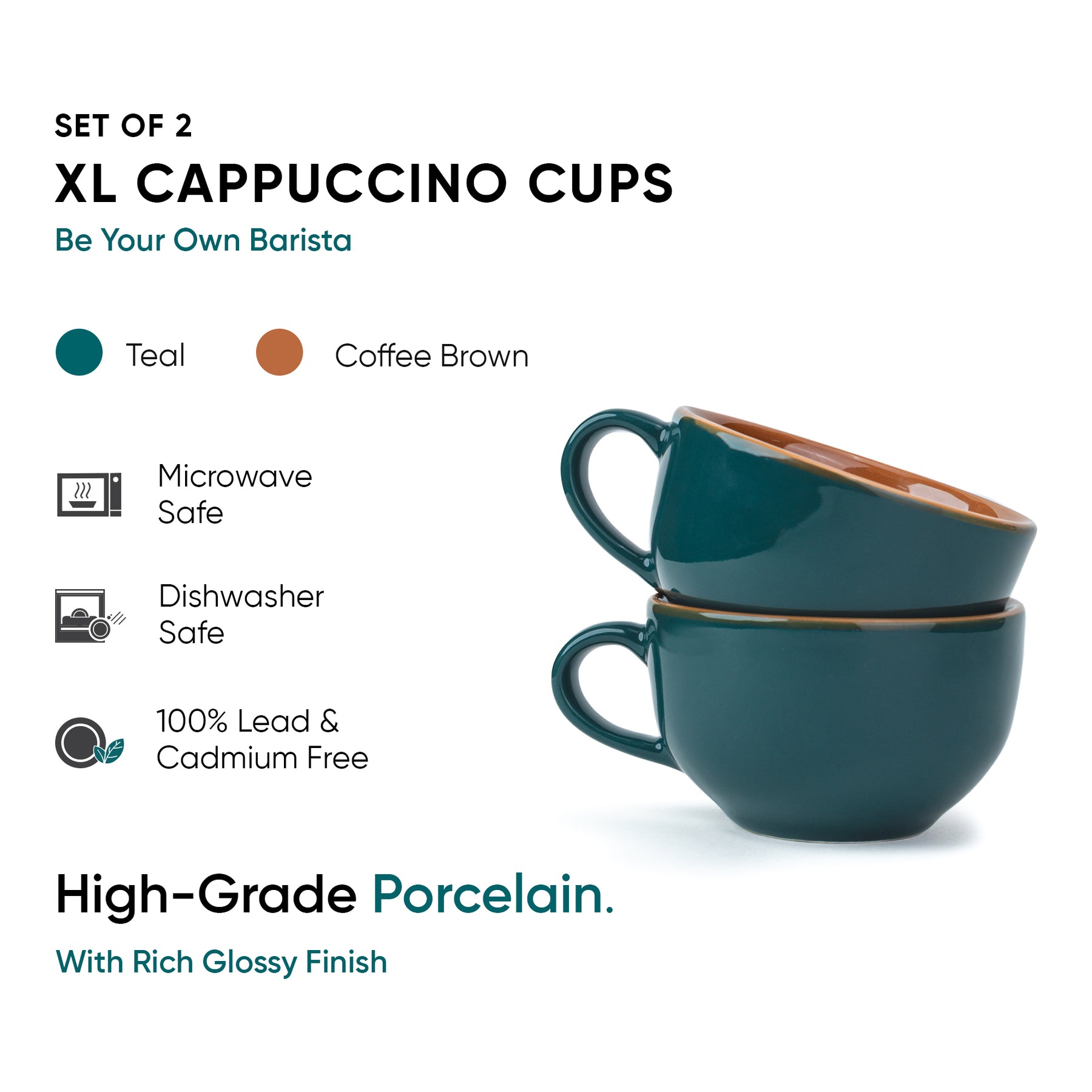 Large Teal Green Ceramic Coffee Cup Set of 2, Teal Green, 320ml | XL Cuppa Collection