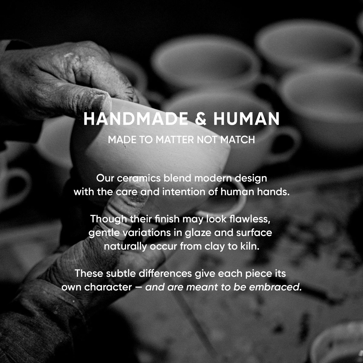 Black and white image of hands working on ceramic pieces with text about handmade ceramics.