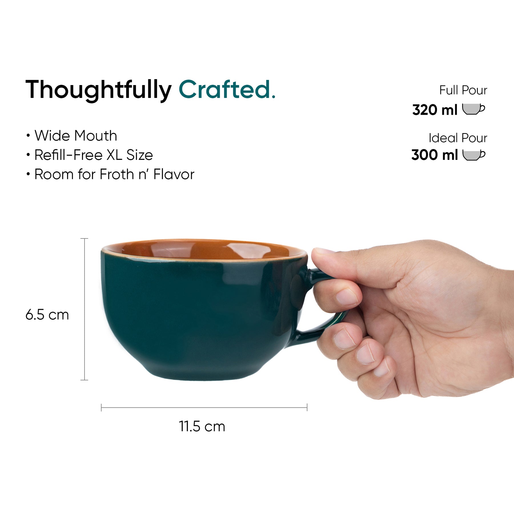Large Teal Green Ceramic Coffee Cup Set of 2, Teal Green, 320ml | XL Cuppa Collection