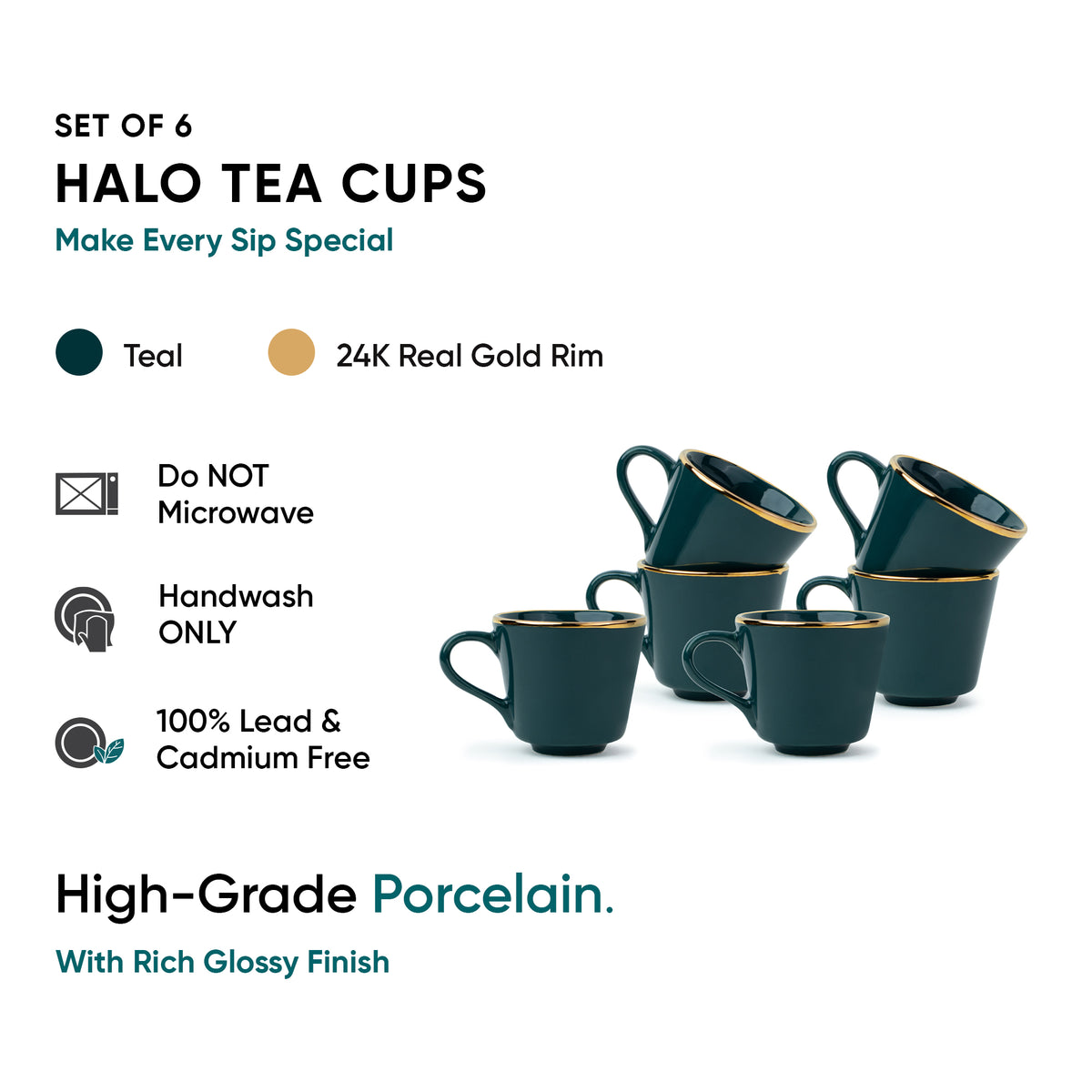 Ceramic Tea Cup Set of 6, 180 ml, Teal Green Gold Line
