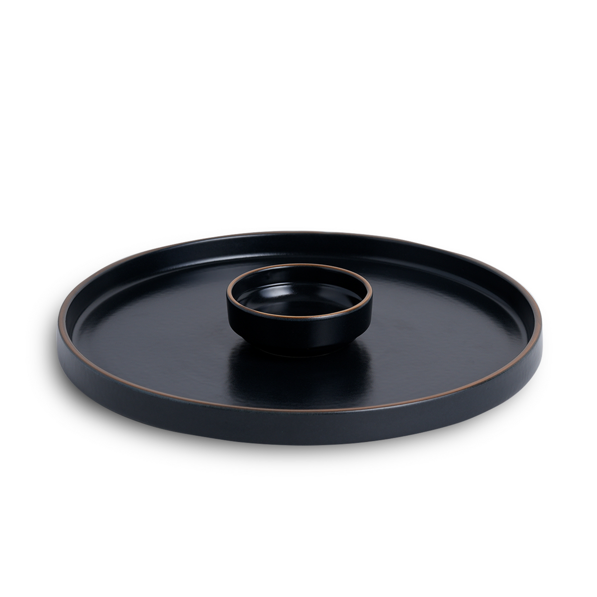 Shay Large Round Ceramic Serving Platter, Black - 1 Platter, 1 Dip | Matte Finish | Japandi Platter | Modern Tableware Online India