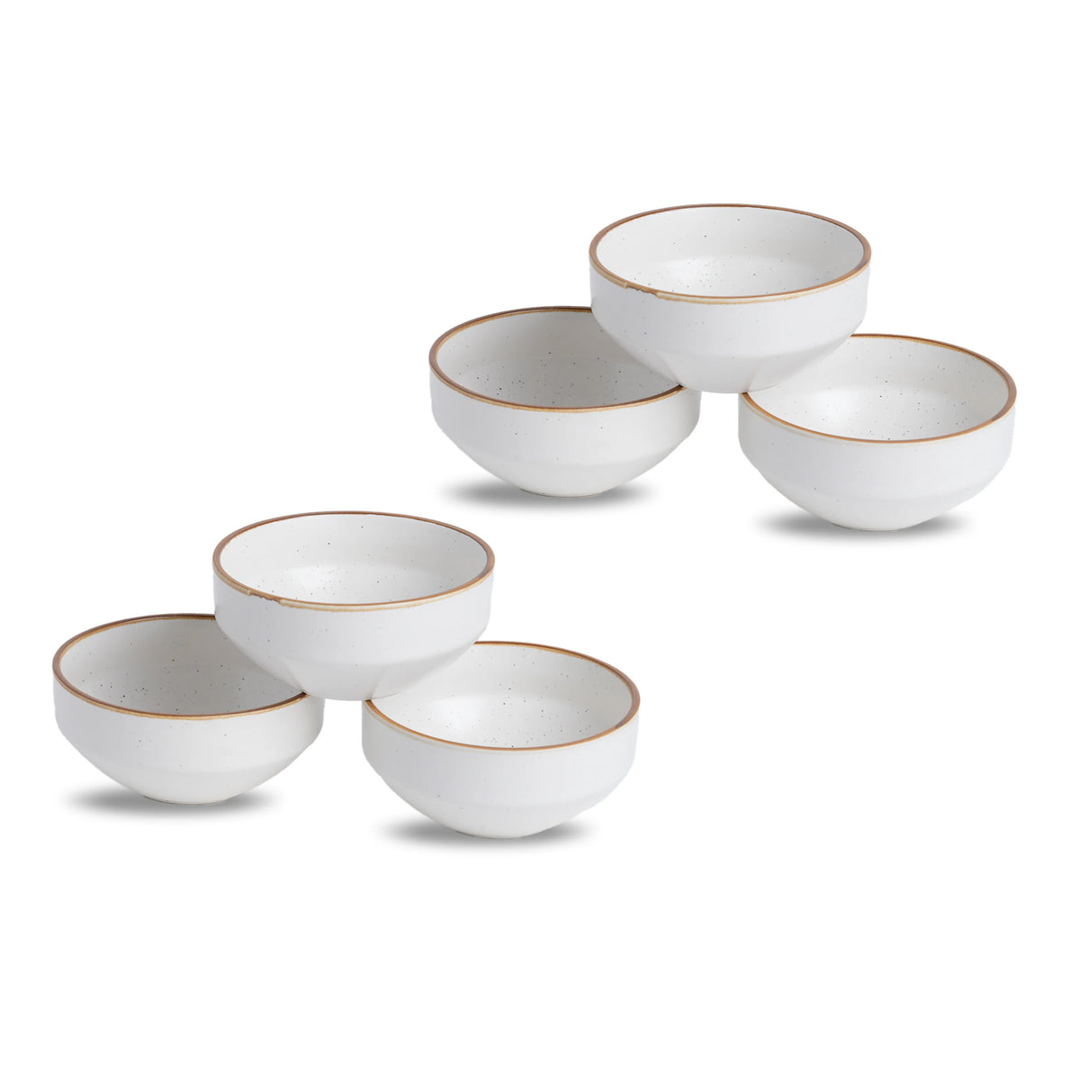 Set of six white ceramic bowls with gold rims on a white background