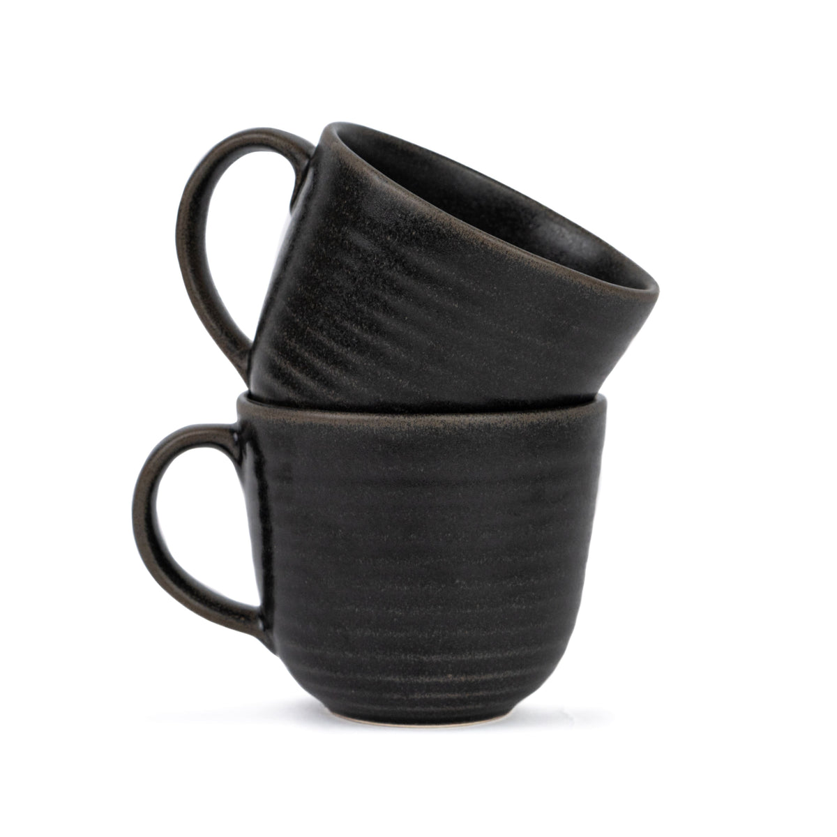 Large Ceramic Coffee Mug Set | Ribbed Collection | 400ml | Glossy Stoneware Black Set of 2
