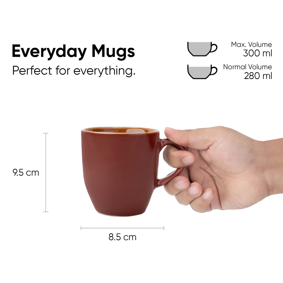 Brown mug held by a hand with measurements and volume details on a white background