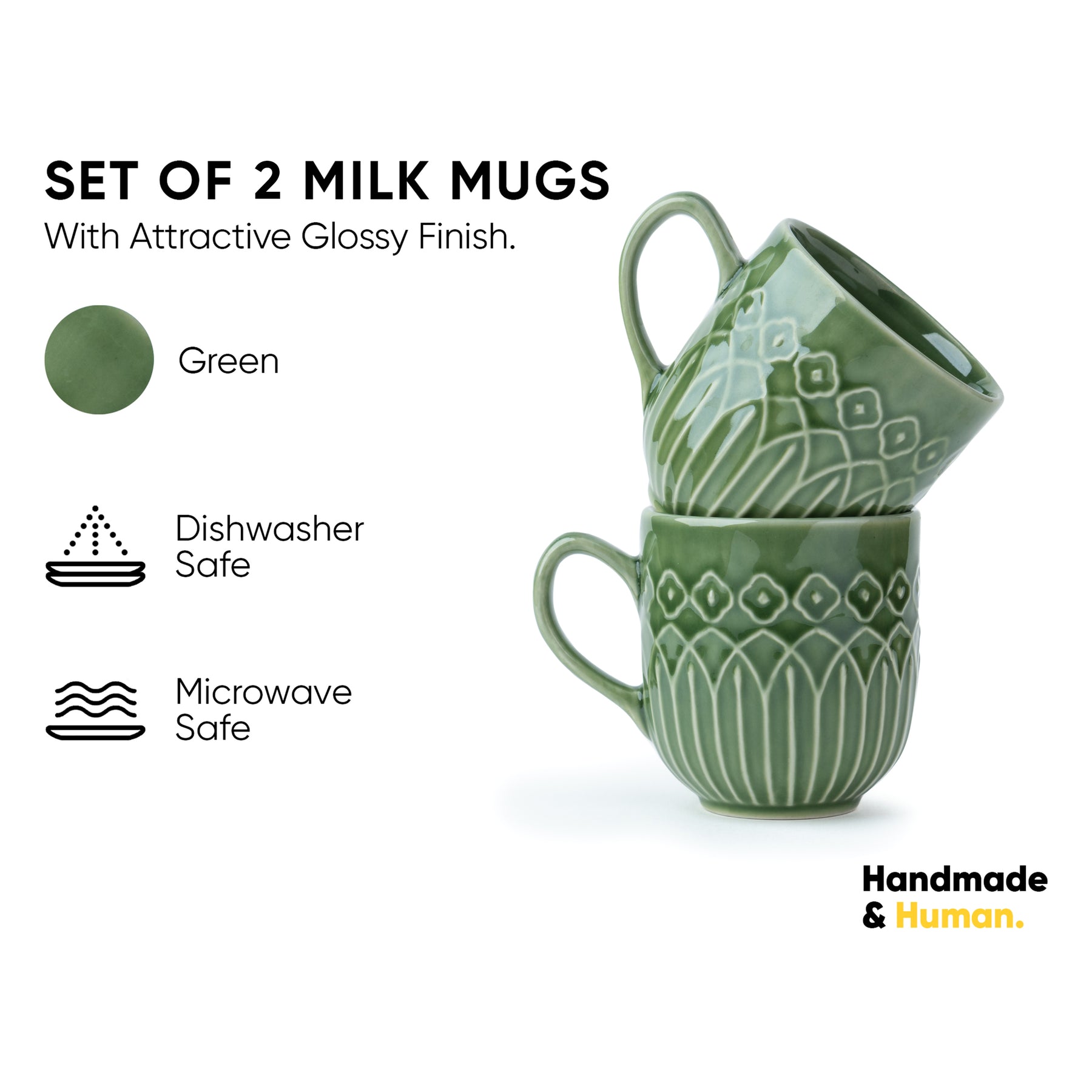 Ceramic Coffee Mug Set, Set of 2, 330ml, Green Carving | Carving Collection | Glossy Finish